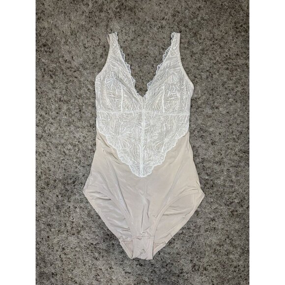 DONNA KARAN Nude Lace Bodysuit Deep V One-Piece Shapewear Style Sexy Intimates M - Picture 1 of 7